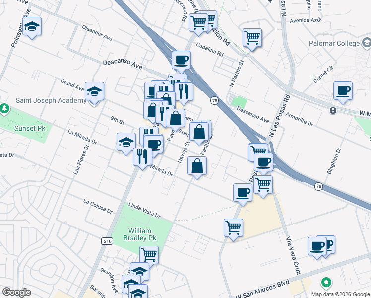 map of restaurants, bars, coffee shops, grocery stores, and more near Creek Street in San Marcos