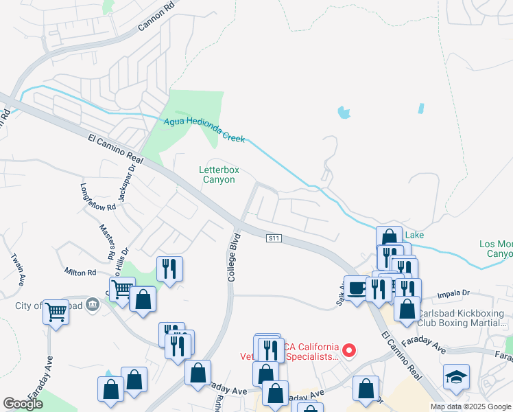 map of restaurants, bars, coffee shops, grocery stores, and more near 5435 Foxtail Loop in Carlsbad
