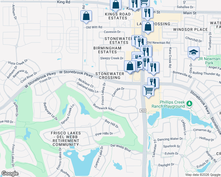 map of restaurants, bars, coffee shops, grocery stores, and more near 559 Rockledge Court in Frisco