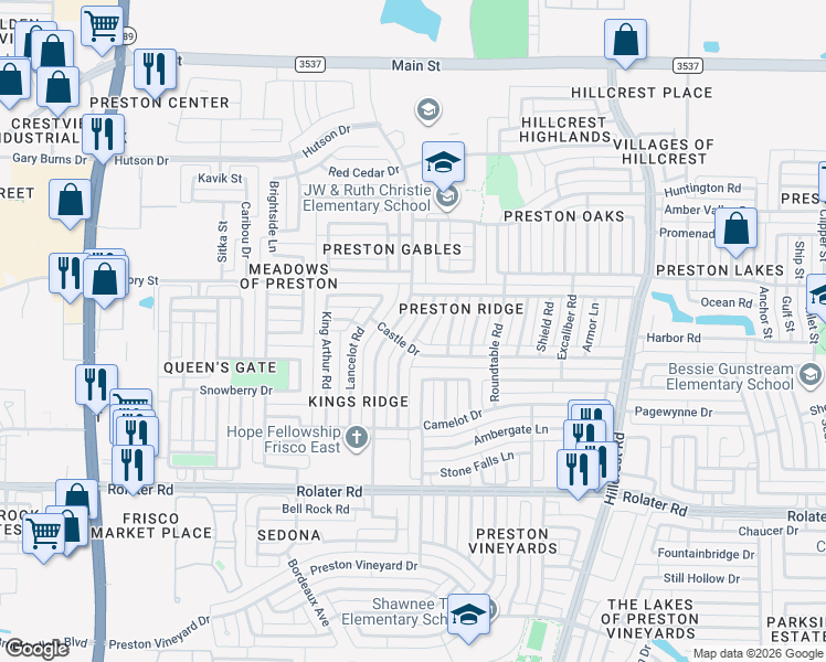 map of restaurants, bars, coffee shops, grocery stores, and more near 7851 Tournament Road in Frisco