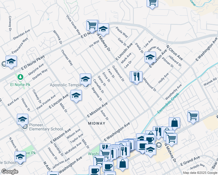 map of restaurants, bars, coffee shops, grocery stores, and more near 840 Daisy St in Escondido