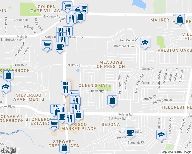 map of restaurants, bars, coffee shops, grocery stores, and more near 7968 Southmark Drive in Frisco