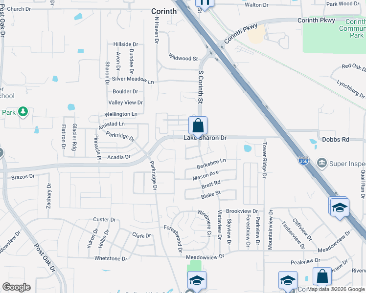 map of restaurants, bars, coffee shops, grocery stores, and more near 2405 Beckley Court in Corinth