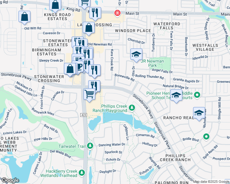 map of restaurants, bars, coffee shops, grocery stores, and more near 674 Quarter Horse Lane in Frisco