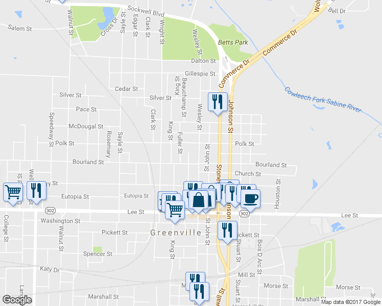 map of restaurants, bars, coffee shops, grocery stores, and more near 1901 Oak Street in Greenville