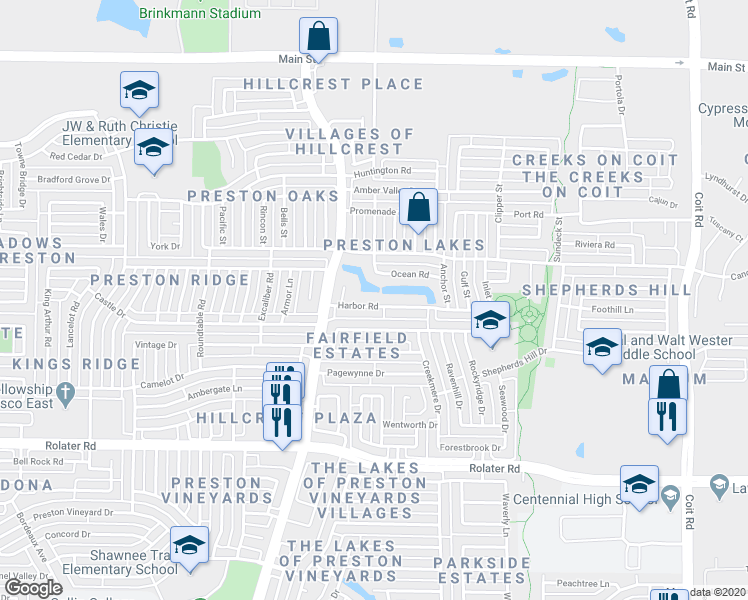 map of restaurants, bars, coffee shops, grocery stores, and more near 11212 Harbor Road in Frisco