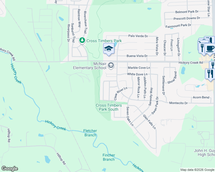 map of restaurants, bars, coffee shops, grocery stores, and more near 7912 Canoe Ridge Lane in Denton