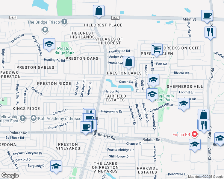 map of restaurants, bars, coffee shops, grocery stores, and more near 11212 Harbor Road in Frisco