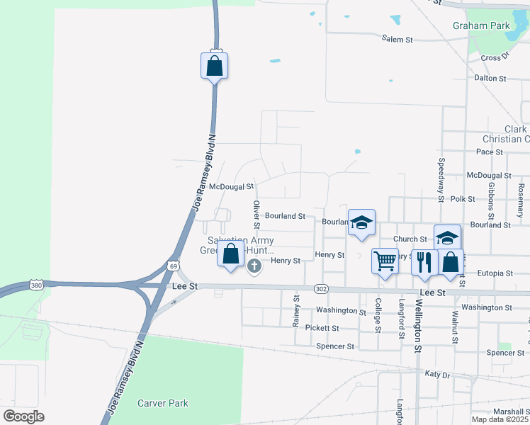 map of restaurants, bars, coffee shops, grocery stores, and more near 4910 Bourland Street in Greenville