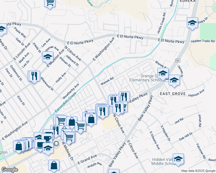 map of restaurants, bars, coffee shops, grocery stores, and more near 485 Bancroft Glen in Escondido