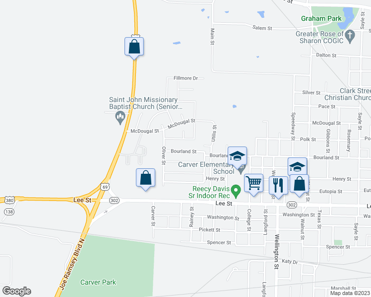 map of restaurants, bars, coffee shops, grocery stores, and more near 4808 Bourland Street in Greenville