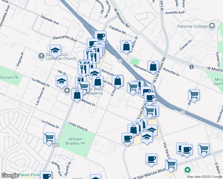 map of restaurants, bars, coffee shops, grocery stores, and more near 250 South Pacific Street in San Marcos
