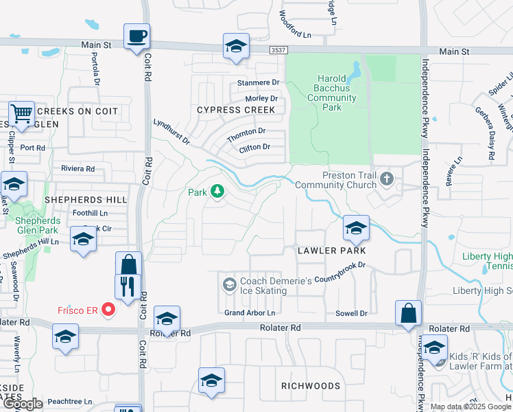 map of restaurants, bars, coffee shops, grocery stores, and more near 8042 Edgefield Court in Frisco