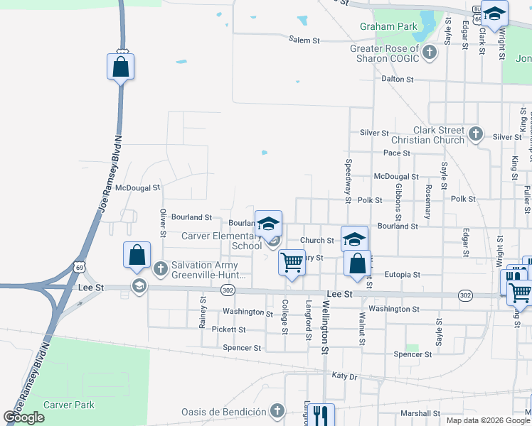 map of restaurants, bars, coffee shops, grocery stores, and more near 1902 Williams Street in Greenville