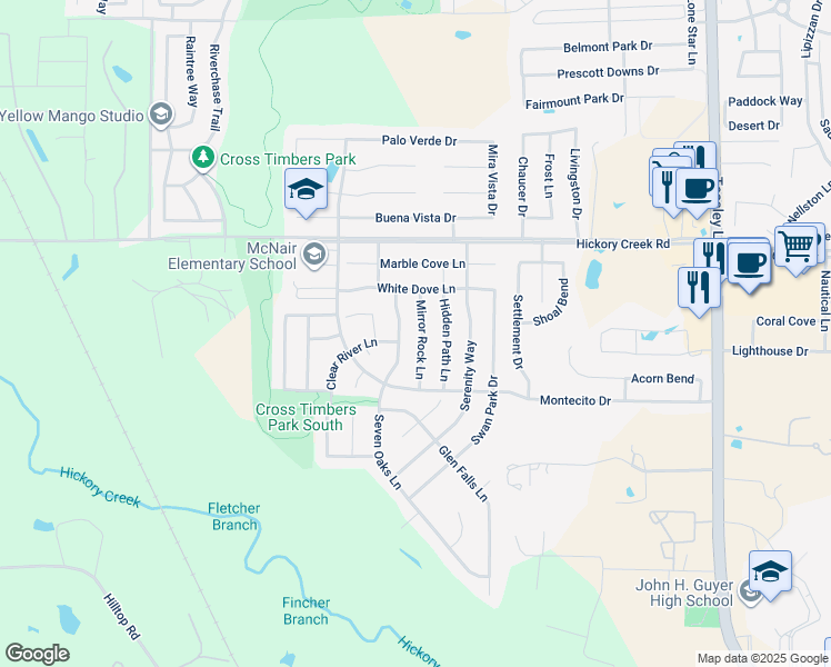 map of restaurants, bars, coffee shops, grocery stores, and more near 7912 Mirror Rock Lane in Denton