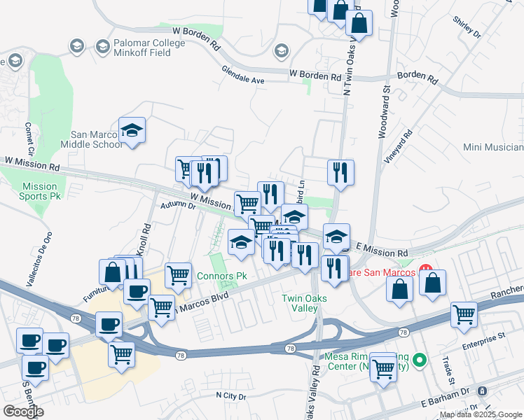 map of restaurants, bars, coffee shops, grocery stores, and more near in San Marcos