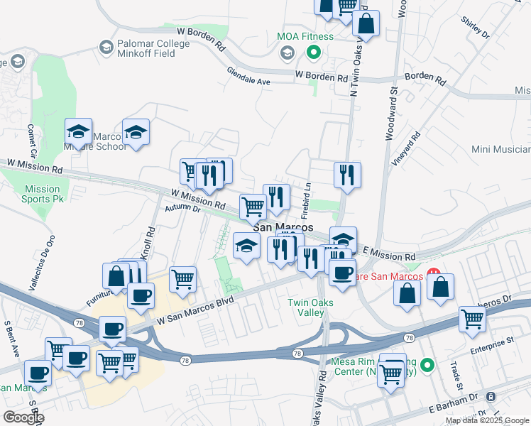 map of restaurants, bars, coffee shops, grocery stores, and more near in San Marcos