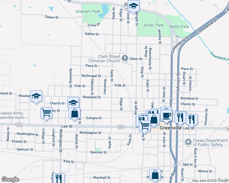 map of restaurants, bars, coffee shops, grocery stores, and more near 1902 Sayle Street in Greenville