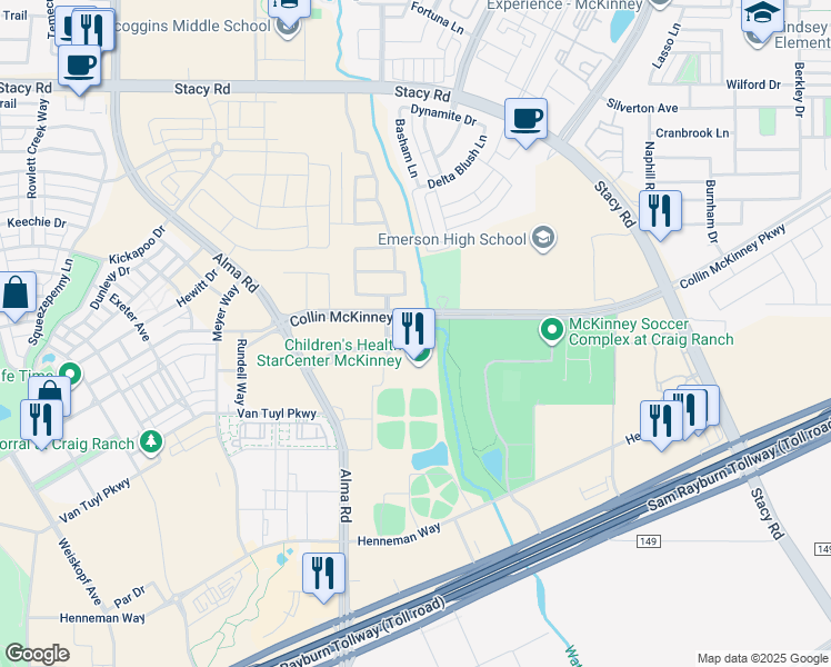 map of restaurants, bars, coffee shops, grocery stores, and more near 6452 Collin McKinney Parkway in McKinney