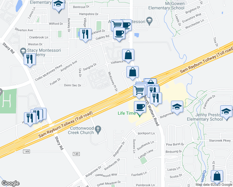map of restaurants, bars, coffee shops, grocery stores, and more near 5998 McKinney Place Drive in McKinney