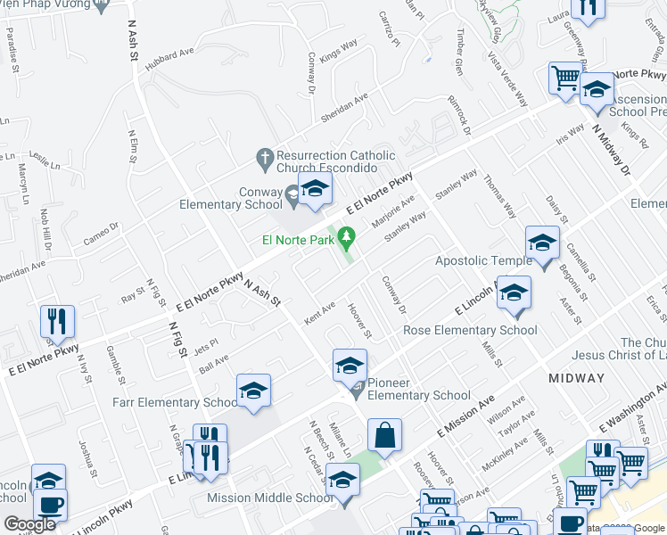 map of restaurants, bars, coffee shops, grocery stores, and more near 1235 Hoover Street in Escondido