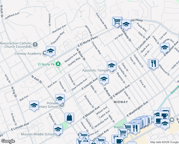 map of restaurants, bars, coffee shops, grocery stores, and more near 1060 Bridgeport Street in Escondido