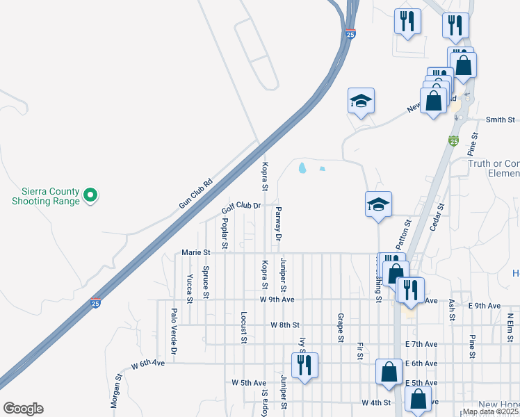 map of restaurants, bars, coffee shops, grocery stores, and more near 1018 Kopra Street in Truth or Consequences