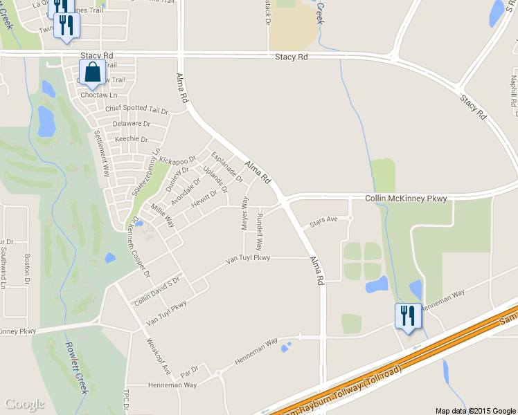 map of restaurants, bars, coffee shops, grocery stores, and more near 6453 Collin McKinney Parkway in McKinney