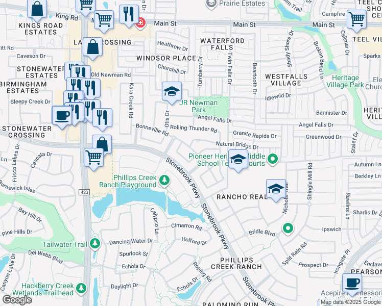 map of restaurants, bars, coffee shops, grocery stores, and more near 1161 Bonneville Road in Frisco