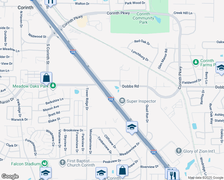 map of restaurants, bars, coffee shops, grocery stores, and more near 6881 North Interstate 35 in Corinth