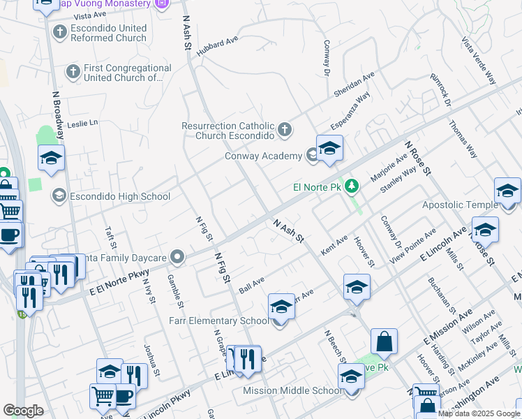 map of restaurants, bars, coffee shops, grocery stores, and more near 1000 East El Norte Parkway in Escondido