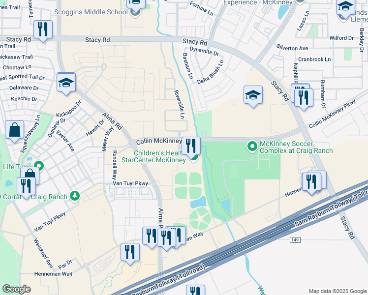map of restaurants, bars, coffee shops, grocery stores, and more near 6505 Stars Avenue in McKinney