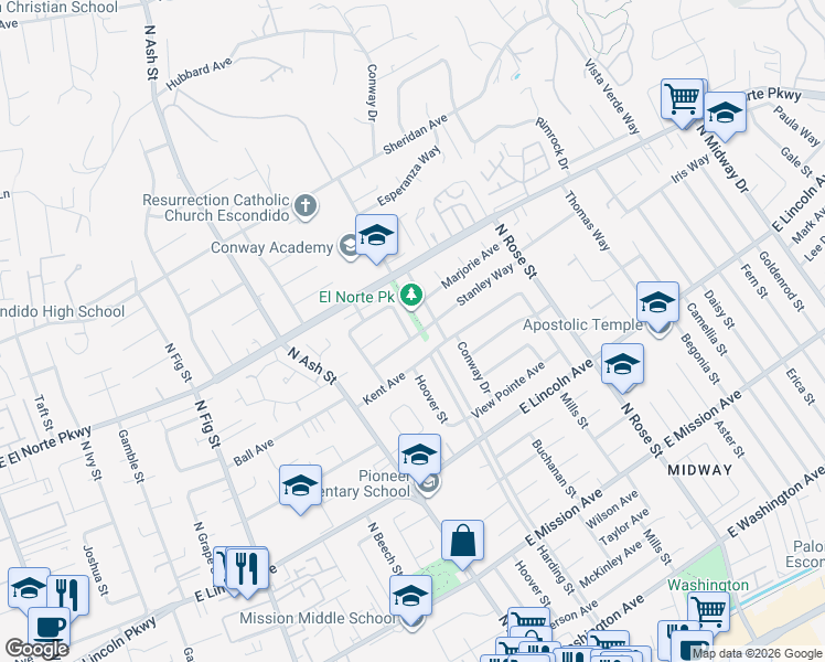 map of restaurants, bars, coffee shops, grocery stores, and more near 1220 Hoover Street in Escondido