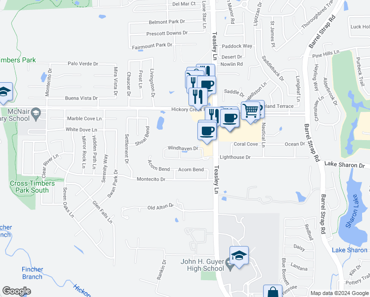 map of restaurants, bars, coffee shops, grocery stores, and more near Windhaven Drive in Denton