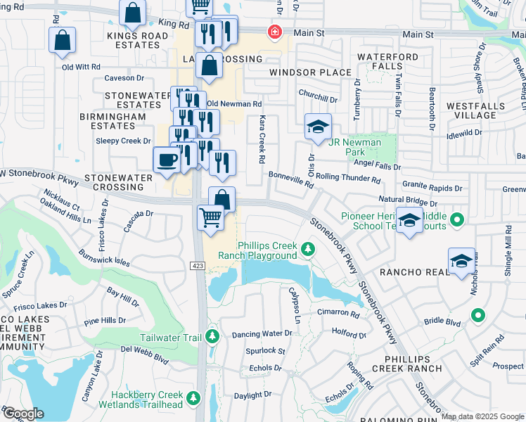 map of restaurants, bars, coffee shops, grocery stores, and more near 674 Quarter Horse Lane in Frisco