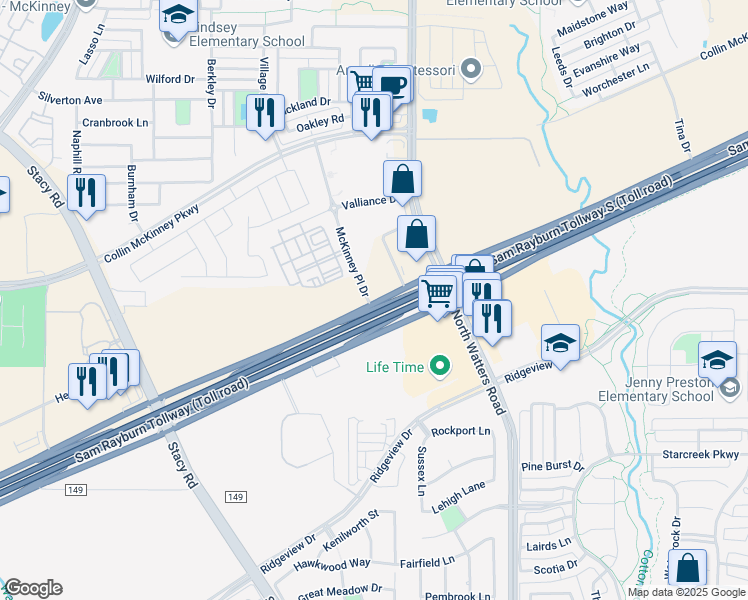 map of restaurants, bars, coffee shops, grocery stores, and more near 5998 McKinney Place Drive in McKinney