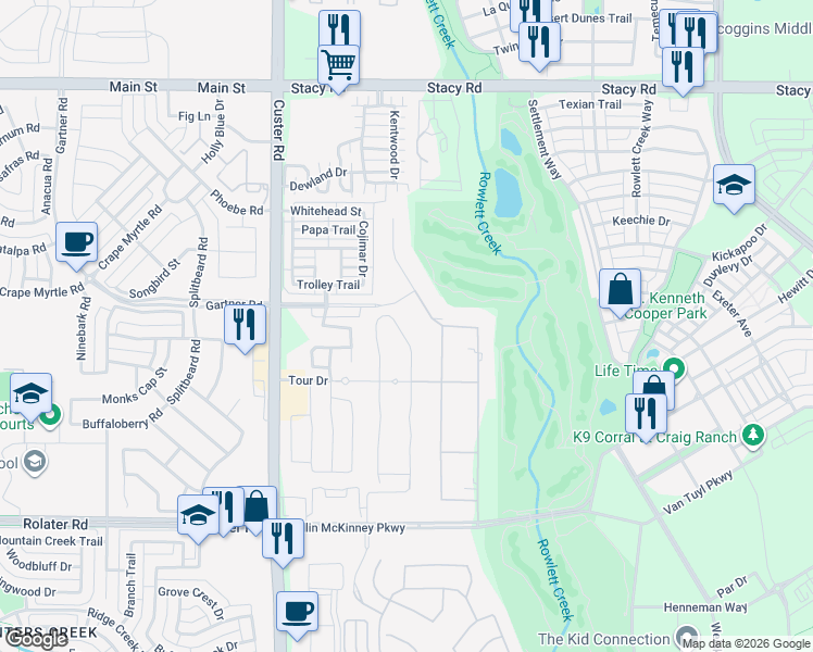 map of restaurants, bars, coffee shops, grocery stores, and more near 5705 Heron Bay Lane in McKinney