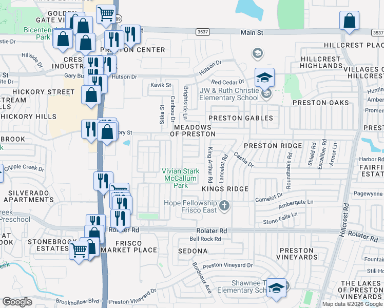 map of restaurants, bars, coffee shops, grocery stores, and more near 7864 Peacock Lane in Frisco