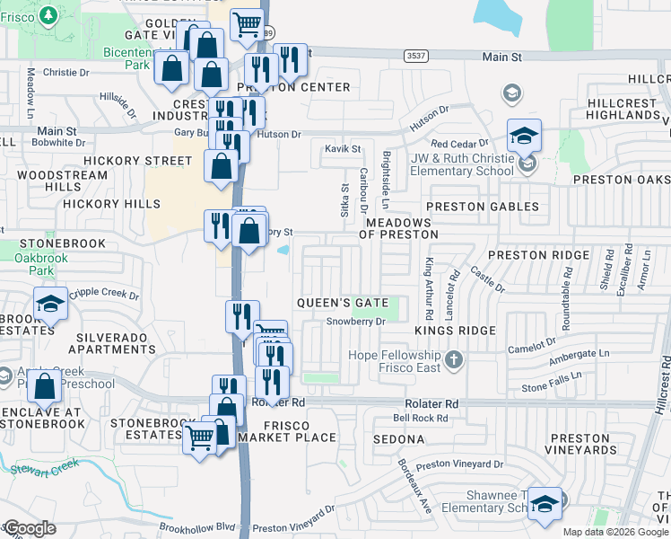 map of restaurants, bars, coffee shops, grocery stores, and more near 7968 Southmark Drive in Frisco