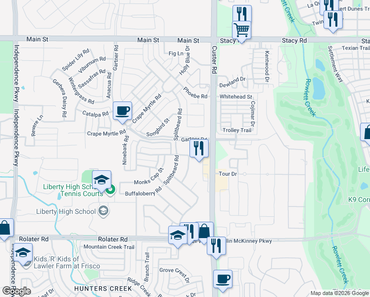 map of restaurants, bars, coffee shops, grocery stores, and more near Custer Road in Frisco
