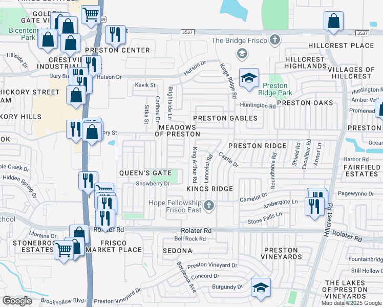map of restaurants, bars, coffee shops, grocery stores, and more near 7832 King Arthur Road in Frisco