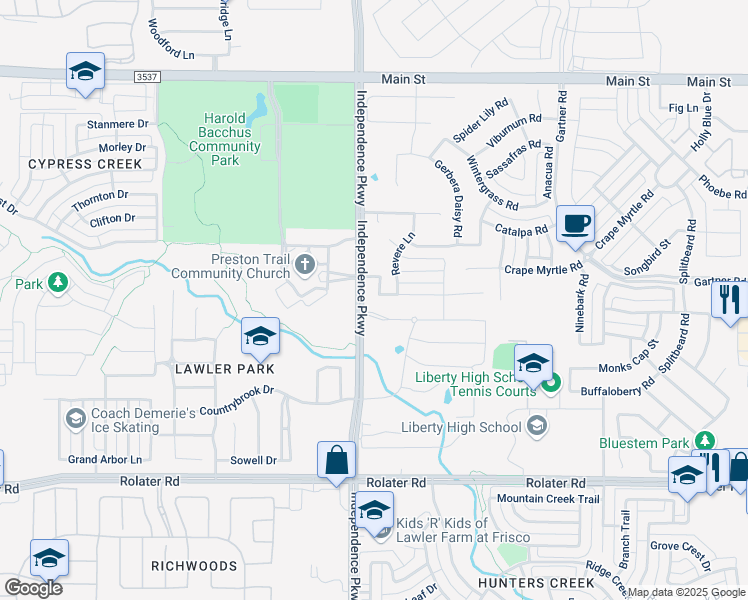 map of restaurants, bars, coffee shops, grocery stores, and more near 8111 Declaration Drive in Frisco