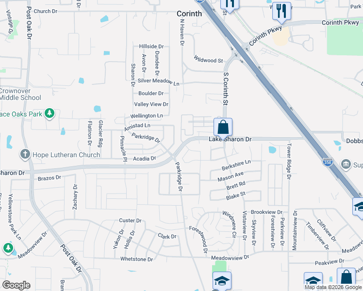 map of restaurants, bars, coffee shops, grocery stores, and more near 2300 Lake Sharon Drive in Corinth