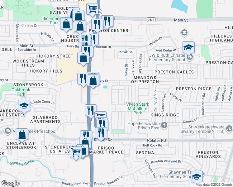map of restaurants, bars, coffee shops, grocery stores, and more near 7961 Crampton Lane in Frisco