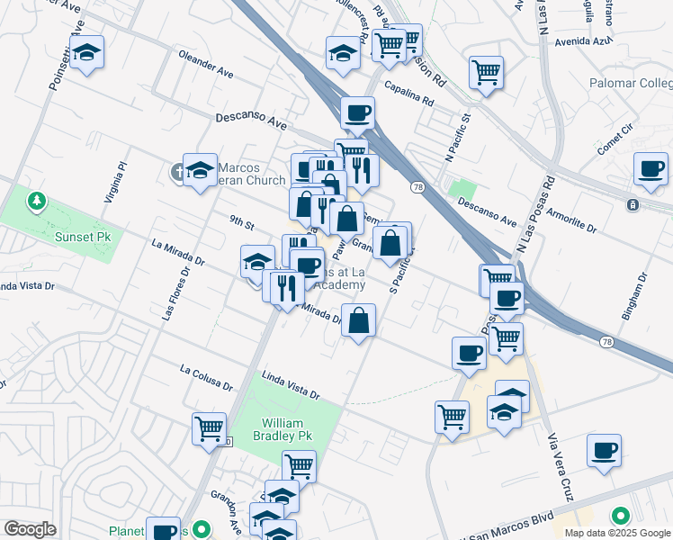 map of restaurants, bars, coffee shops, grocery stores, and more near 259 Pawnee Street in San Marcos