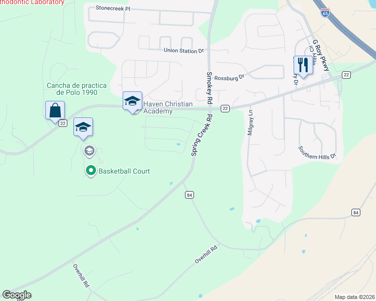 map of restaurants, bars, coffee shops, grocery stores, and more near 6069 Spring Creek Road in Montevallo