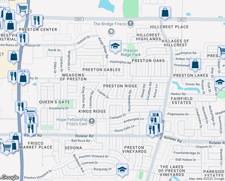 map of restaurants, bars, coffee shops, grocery stores, and more near 7892 Tournament Road in Frisco