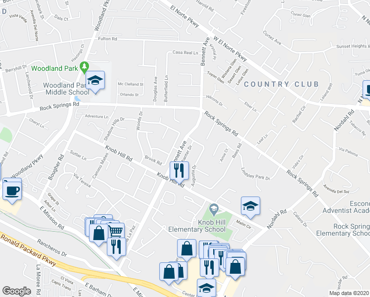 map of restaurants, bars, coffee shops, grocery stores, and more near 597 Tam O Shanter Drive in San Marcos
