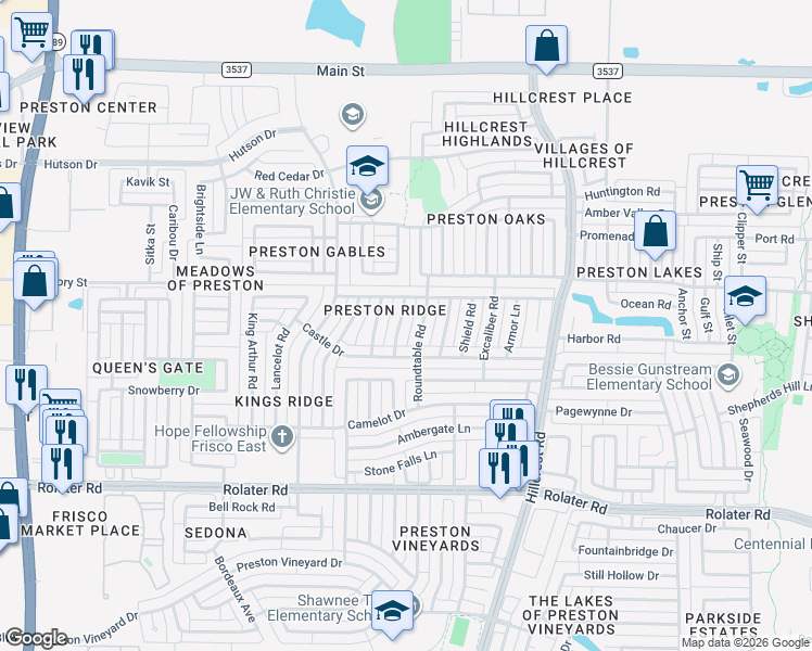 map of restaurants, bars, coffee shops, grocery stores, and more near 7851 Roundtable Road in Frisco