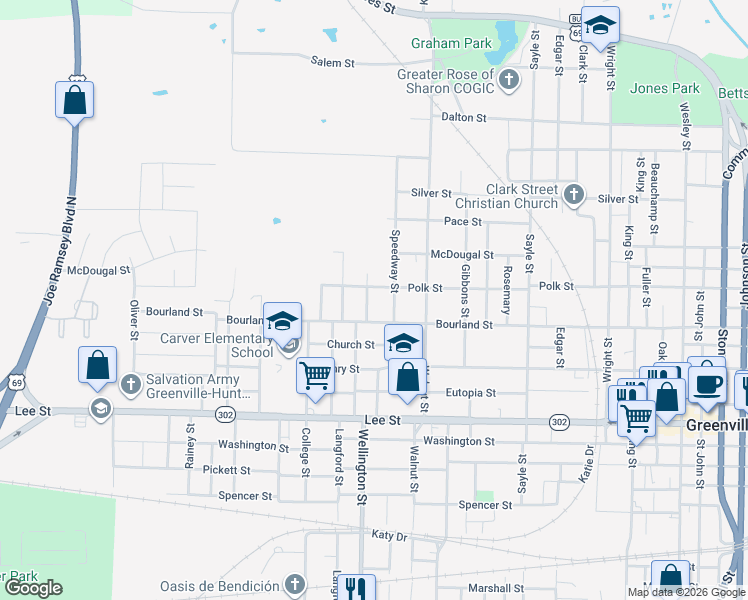 map of restaurants, bars, coffee shops, grocery stores, and more near 1818 Speedway Street in Greenville